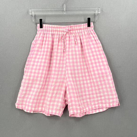 FRANKIES BIKINIS Lou Gingham Shorts Women Medium Pink Linen Drawstring High Rise - Picture 5 of 16